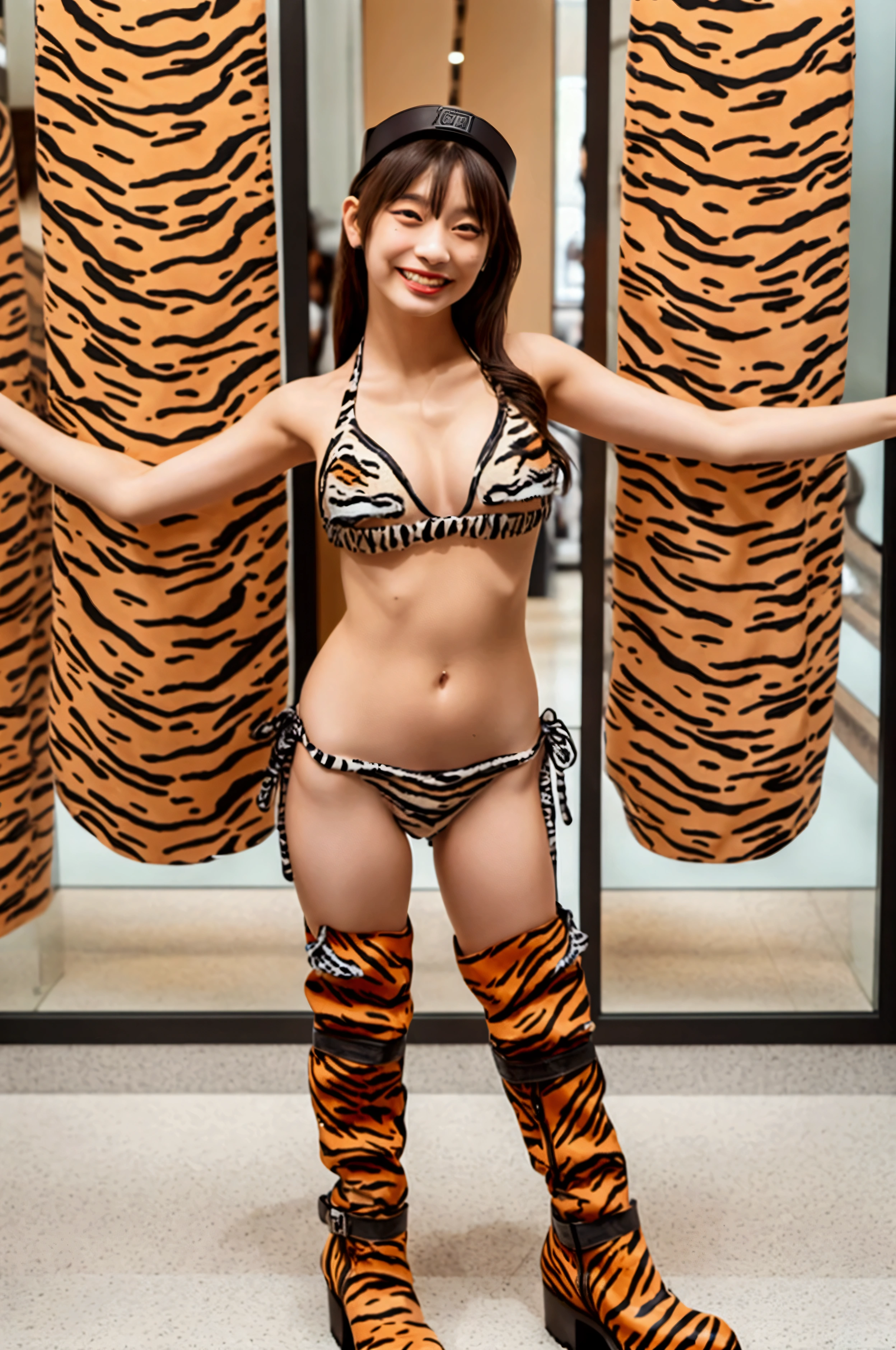 (((An 1 girl with a very cute face, like a top Japanese idol)))、Smiling Kindly、(((Tiger print bikini and tiger print boots)))、((whole body))、Walking around a brand mall in the city、High level of artistry、Natural light、Highest quality