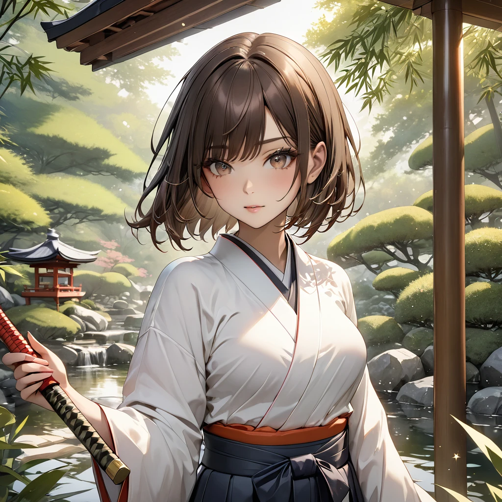 High resolution, masterpiece, 最high quality, Very detailed, high quality, Textured skin, Bob Hair, Brown Hair, Natural look,Sparkle Effect, far and near method, chest, A girl with a bamboo sword, Hakama,Japanese garden