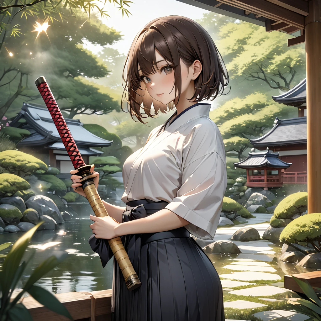  High resolution, masterpiece, 最high quality, Very detailed, high quality, Textured skin, Bob Hair, Brown Hair, Natural look,Sparkle Effect, far and near method, chest, A girl with a bamboo sword, Hakama,Japanese garden