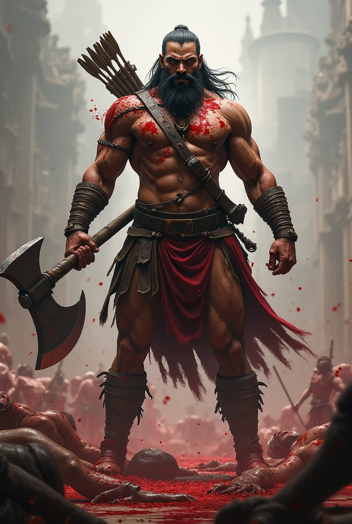 One bramhana pandit(parashuram) with great height and sixpack body holding big axe on his hands and He has an bow and arrows on his shoulder .he killed so many peoples in war ,so many warriors dead bodies are there ,the blood on his body looks like scary