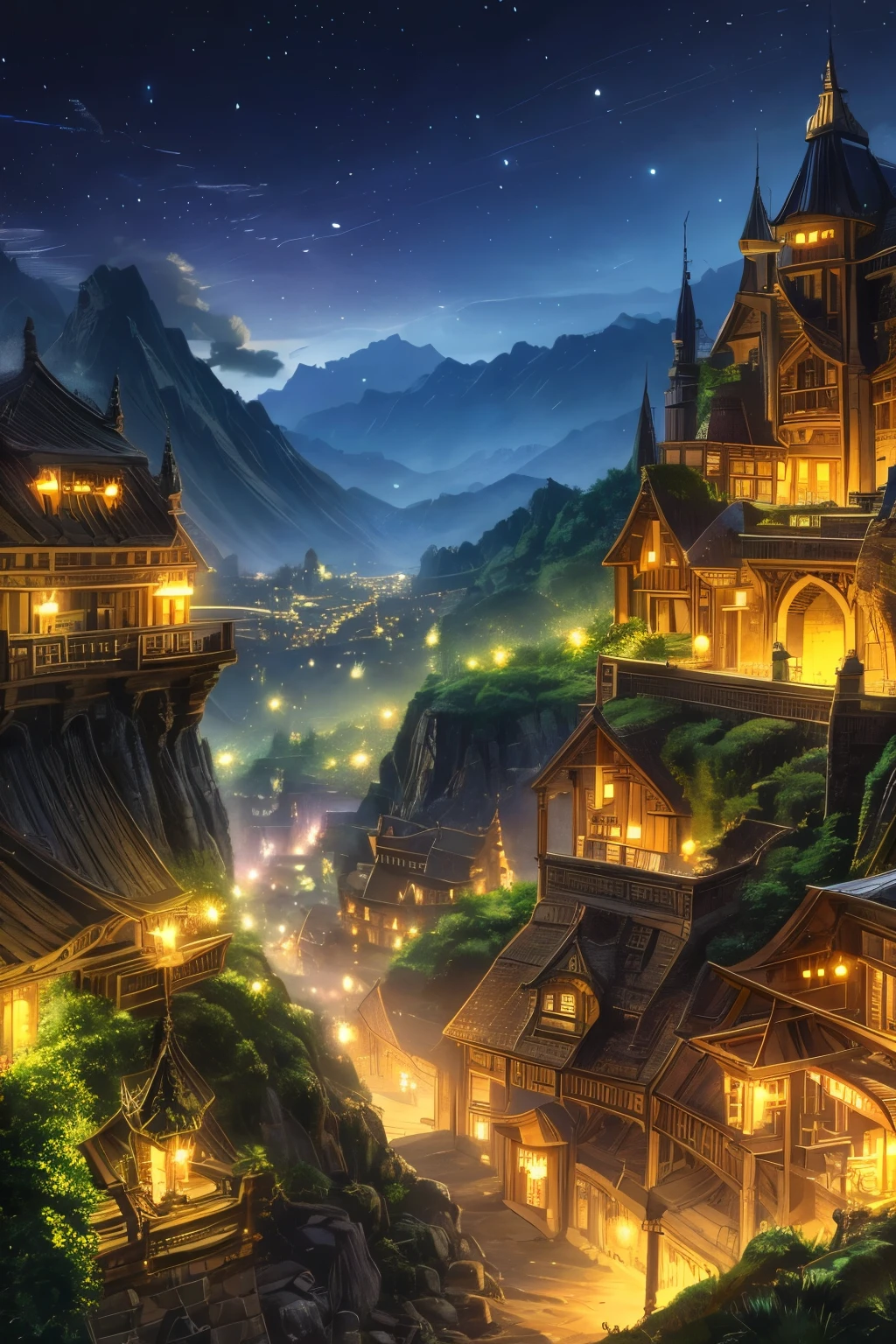 anime village with a mountain in the background, medeival fantasy town, mountain fortress city, fantasy town setting, detailed fantasy digital art, a bustling magical town, detailed digital concept art, cliffside town, 8k highly detailed digital art, fantasy town, detailed 8k concept art, highly detailed fantasy art, beautiful detailed concept art, steampunk villages castles (brokeh effect) (fireflies and glowing effect)