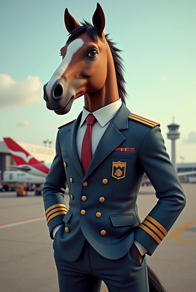 Horse as a pilot wearing a uniform of a pilot suit and trouser background airpot and a flight 