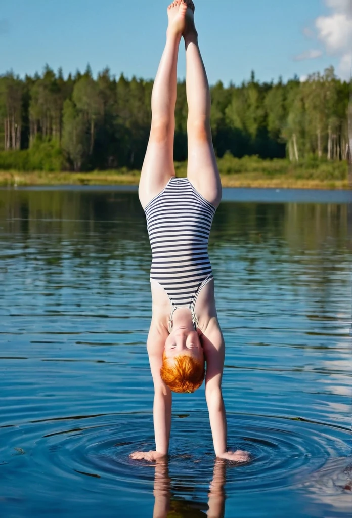 Happy skinny ginger-sweden young kids with short ginger hair, dressed in a light 2-peace swimsuit, happy to show her, on a scorching summer day, in the lagoon do a handstand longer