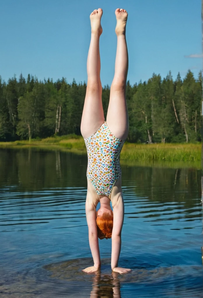 Happy skinny ginger-sweden young kids with short ginger hair, dressed in a light 2-peace swimsuit, happy to show her, on a scorching summer day, in the lagoon do a handstand longer