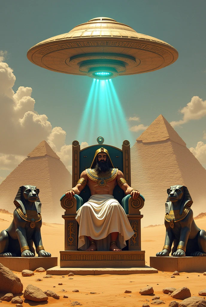 Egyptians and aliens built the pyramids. With cutting-edge technology A flying saucer shines down on the pyramid.
King Pharaoh and Creophraratran sat on the throne.
There are two Sophinks sitting next to each other in the desert.
