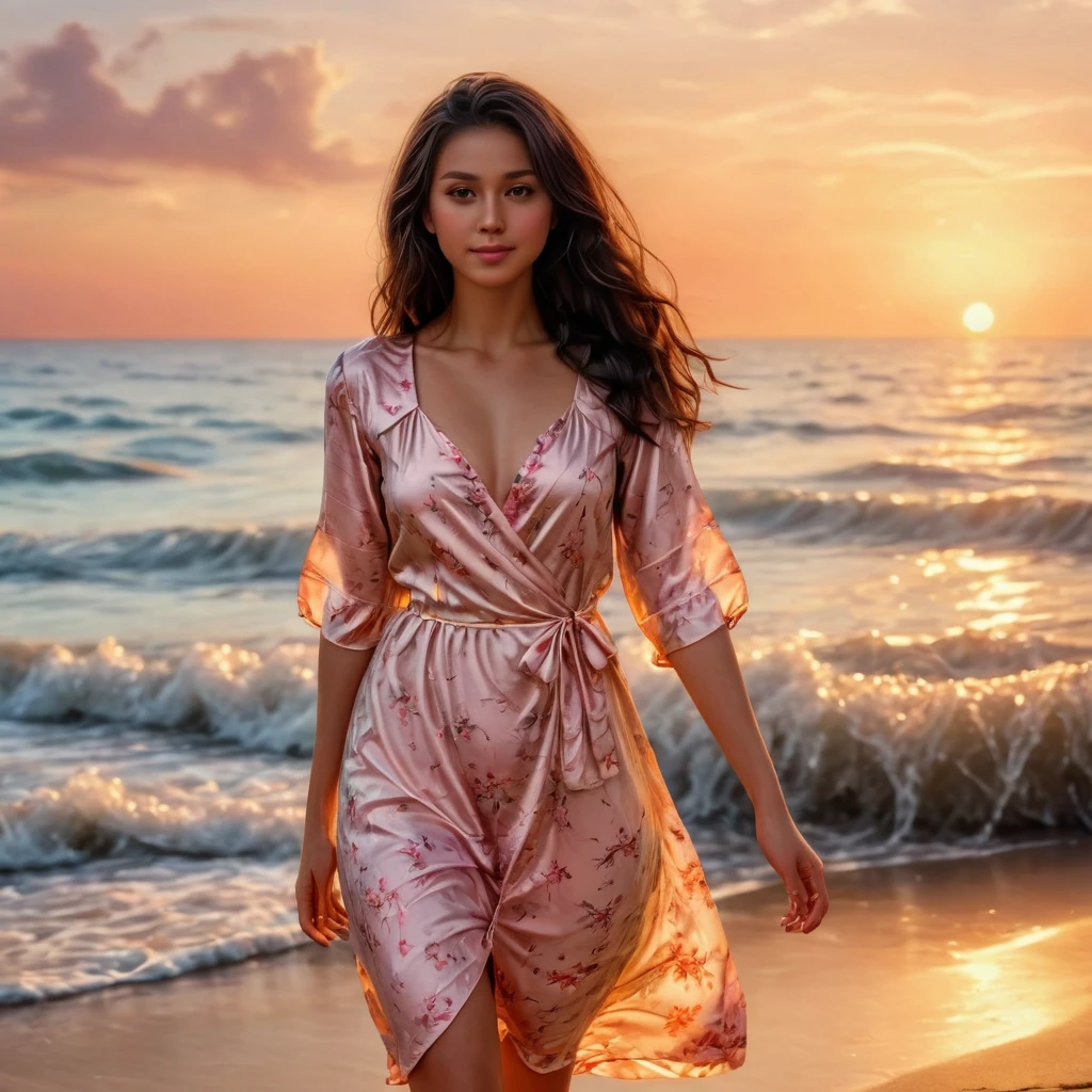 anikaxxx, ultra-realistic, woman standing by the shore, wearing the same light floral summer dress, the setting sun casting a golden glow, gentle waves lapping at her feet, holding her sandals in one hand, gazing at the horizon with a peaceful smile, the sky painted in hues of orange and pink, photorealistic.
