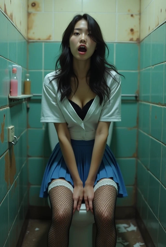 A shabby and worn-out public restroom).Korean woman.korean beauty.Korean model.South Korean girl groups. She is wearing a school uniform, a short and tight blue skirt, and black fishnet stockings that reach her thighs..
(Big hearted).(full body shot).(front shot).realistic.G-cup chest.
The pelvis is a supermodel. The shirt button is undone, revealing a black bra..sitting on the toilet.Screaming face.There are white lace panties on the knees..2 school girls.