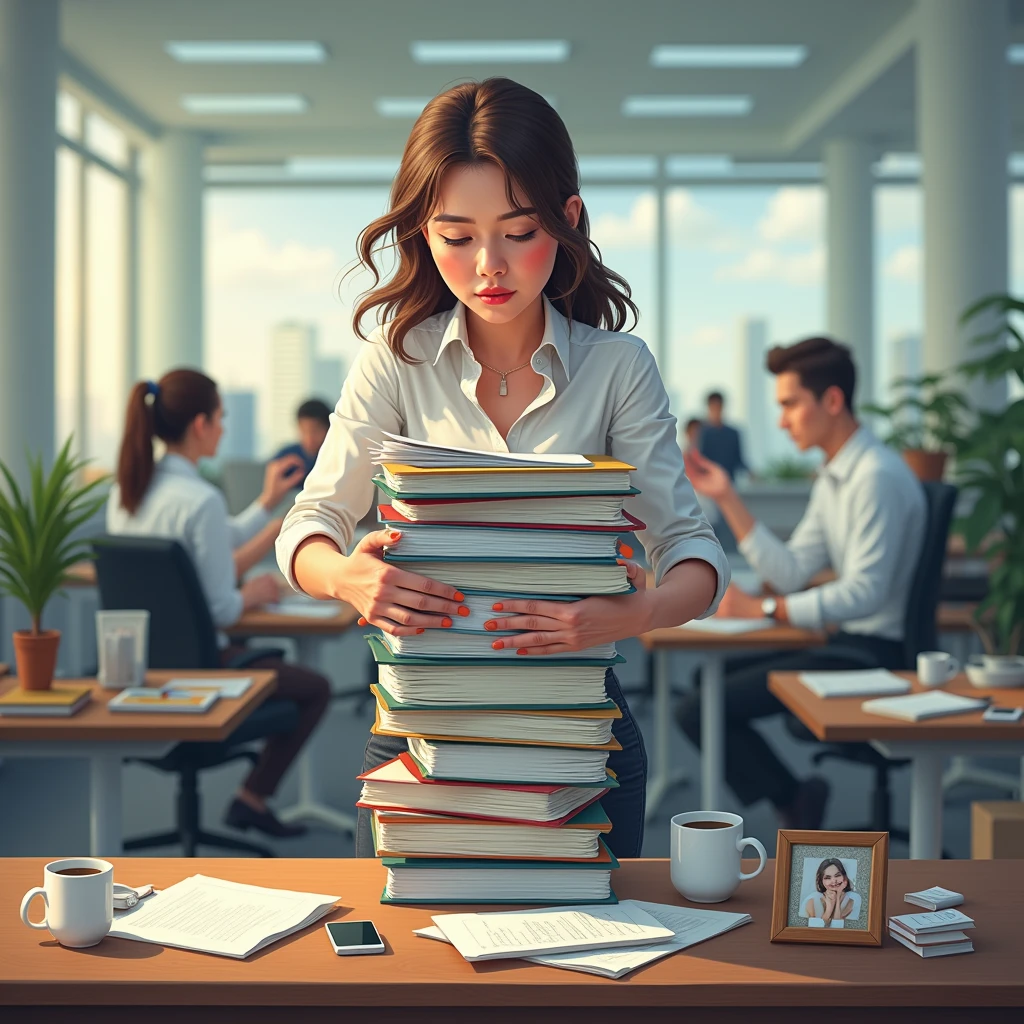 generate image women struggling in office with heavy work