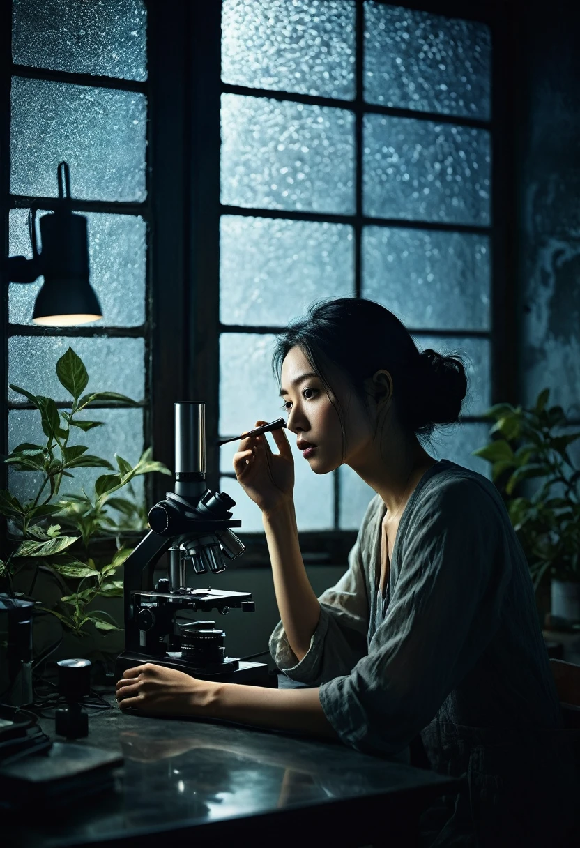 Beautiful botanical genius, Misaki Sato, 28, Japanese, long black hair in a messy bun, concentrated expression, in a dimly lit laboratory, peering through a microscope at a mysterious rainbow-colored clematis, moonlight through a large window casting long shadows, state-of-the-art lab equipment scattered on a steel table, background Glowing computer screen, clock shows 2:37 a.m., frosted glass door slightly ajar, silhouette of stranger seen through gap, tense air, clematis emitting faint bioluminescence, ultra-high definition, cinematic lighting, shallow depth of field, Suspense thriller atmosphere, intricate detail, faded, highly detailed eye, highly detailed eye, 16k resolution, RAW, Nikon Z9, creative, masterpiece, fantasy, super detailed, high resolution, high quality, 8k, realistic, super detailed Dramatic Lighting, Soft Focus, Digital Illustration, Intricate Mechanics, Advanced Techniques, Dark Backgrounds, Cinematic, High Contrast, Moody, Strict, Atmospheric, (Top Quality, 4k, 8k, High Definition, Masterpiece: 1. 2), Ultra-Detailed, (Realistic, Graphic, Photorealistic: 1. 8) -- No glass --AR 16:9 --Stylize 1000