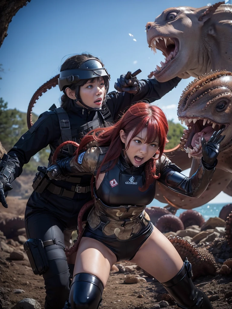 A woman in combat gear being attacked by an octopus monster
