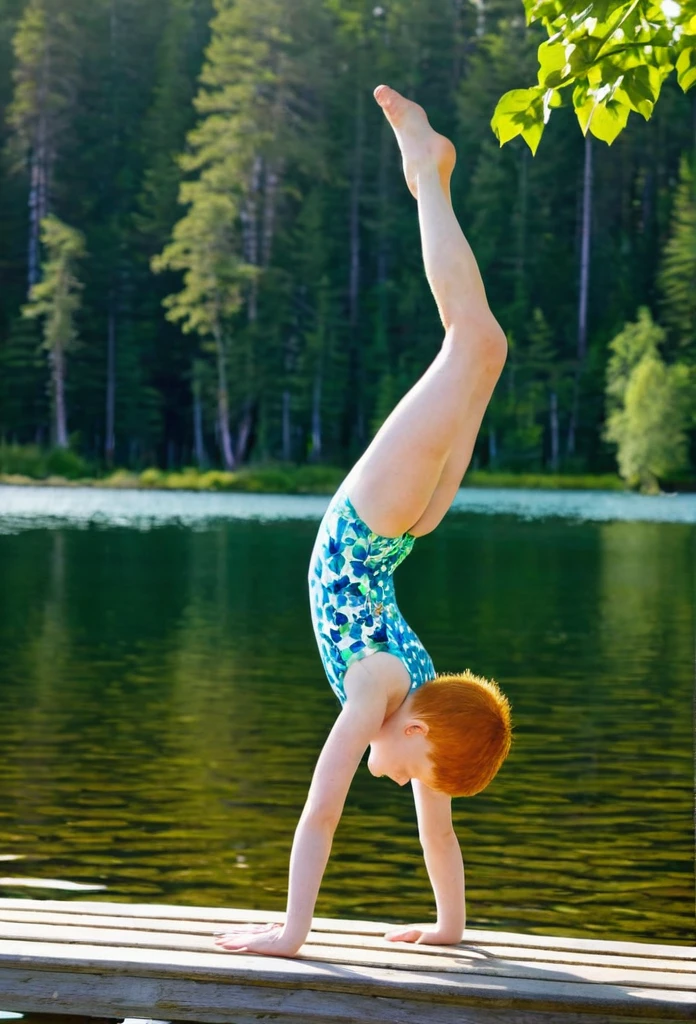 Happy skinny ginger-sweden young kids with short ginger hair, dressed in a light 2-peace swimsuit, happy to show gymnastique flexibility, on a scorching summer day, in the lagoon do a handstand longer