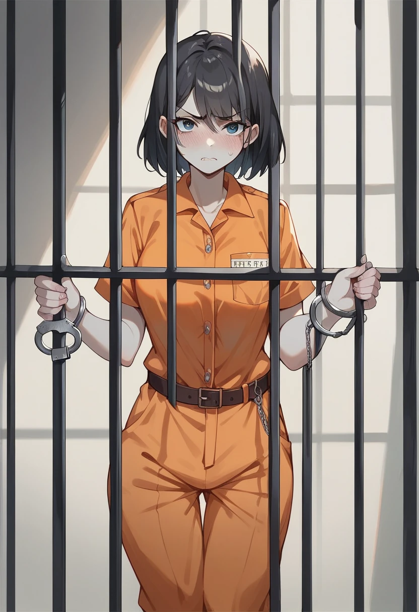 Transport belt, handcuffs, Prison uniform, Striped black and white prison jumpsuit, View your viewers, Severe, Frowning, blush, Are standing, Savage look、locked in a prison cell, high quality, masterpiece. 