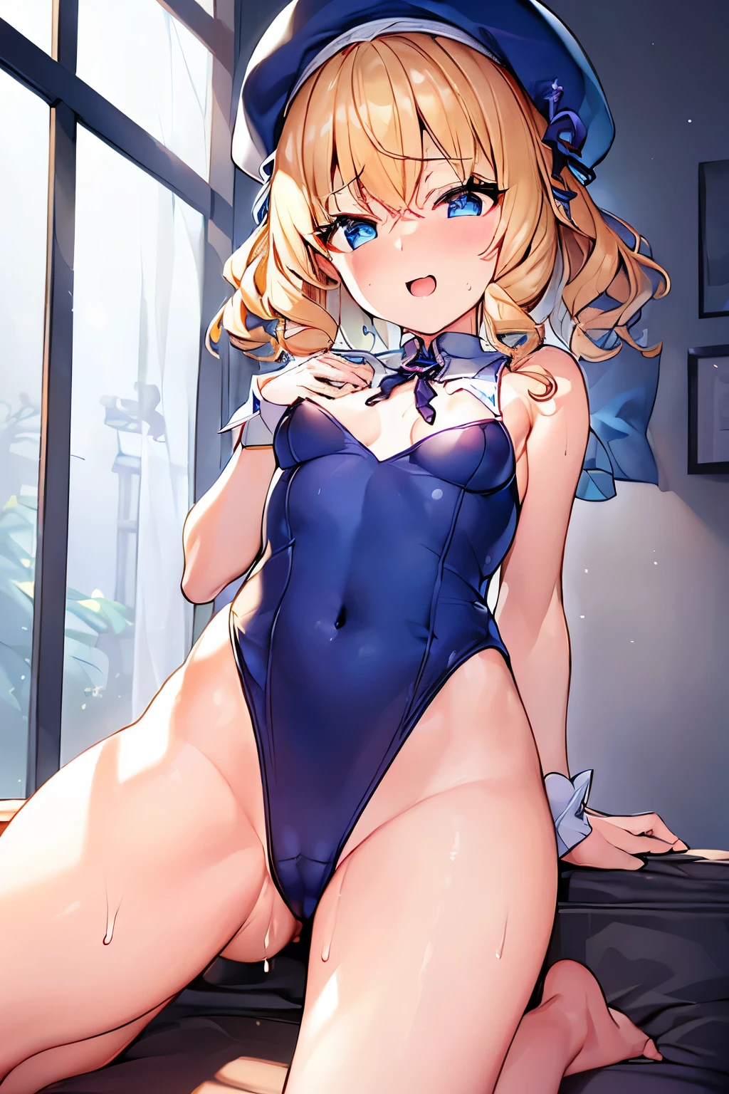 (4K、High resolution image quality、Detailed light、Detailed Shadows、Detailed Design)、1 girl、Blonde、Short hair that is not too long、Fluffy curly hair、Blue and black clothes、beret、(Aggressive design)、((Modest chest、Small breasts))、Leotard design underwear:1.3、Sleeveless、barefoot、Shameless、Redness、Lust、Estrus、((sexual excitement:1.5、Sex alone:1.3、To be made to cum:1.3、A look of joy from sexual pleasure:1.1))、A mysterious  similar to sweat drips onto my body.:1.2、(A dark room with no windows:1.4)