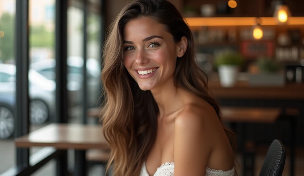she sitting chair at coffeshop ,huge smile, side view, she is wear white lace strapless dress ,large breasti large boobs,g30 ,background modern coffeshop starbucks,at the sturbucks, she is name ahu 20 years old (brunette) ,(tall woman),(long legs),single woman, chest 80 waist 60 hip 80 , G30, tall woman, she is wear black lace long socks and garter, sexy pose, ultrarealistic, , giving a sexy look, huge smiling , .RAW, Nikon Z 85mm, award-winning glamor photography, ((best quality)), ((masterpiece)), ((realistic)), (long brunette hair), hazel eyes,intricate details, highly detailed, sharp focus, professional, 4k, stunning hazel eyes, delicate, innocent, high resolution, detailed facial features, high detail, sharp focus, soft , aesthetic, extremely detailed, photo_\(ultra\), photorealistic, realistic, post-processing, maximum detail, real life, ultra-realistic, photorealism, photography, 8k uhd, photography, russian face,she is wear white lace strapless dress,NSWF, huge smile,cute