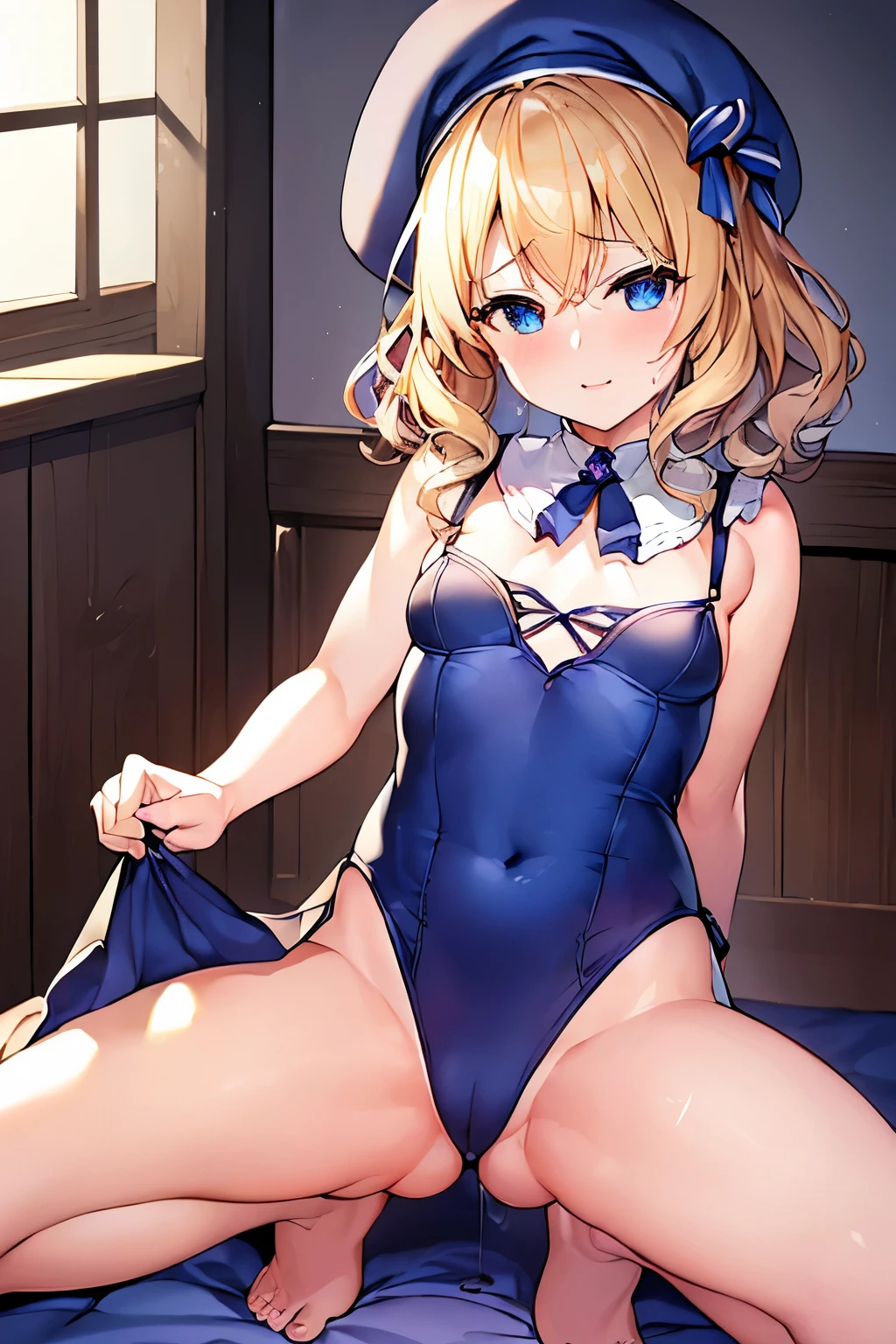 (4K、High resolution image quality、Detailed light、Detailed Shadows、Detailed Design)、1 girl、Blonde、Short hair that is not too long、Fluffy curly hair、Blue and black clothes、beret、(Aggressive design)、((Modest chest、Small breasts))、Leotard design underwear:1.3、Sleeveless、barefoot、Shameless、Redness、Lust、Estrus、((sexual excitement:1.5、Sex alone:1.3、To be made to cum:1.3、A look of joy from sexual pleasure:1.1))、A mysterious similar to sweat drips onto my body.:1.2、(A dark room with no windows:1.4)