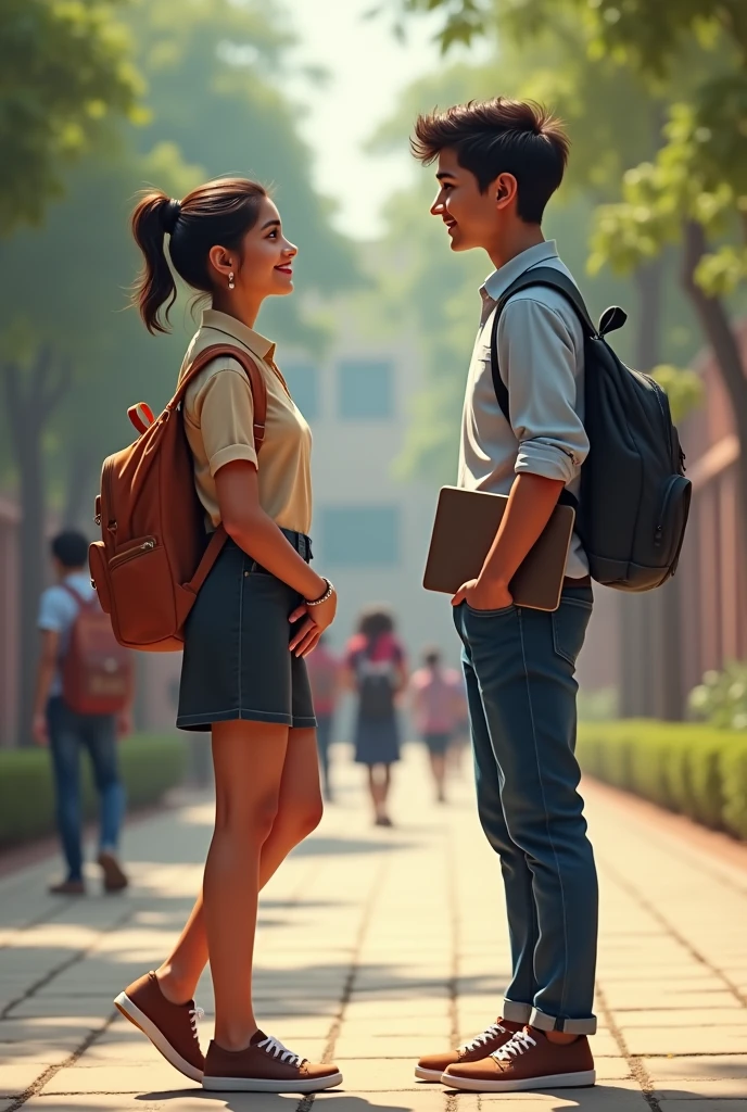 A indian college girl looking at indian college boy  both 2, in college looking at each other. They are earing formal short and jeans, holding books and laptop.