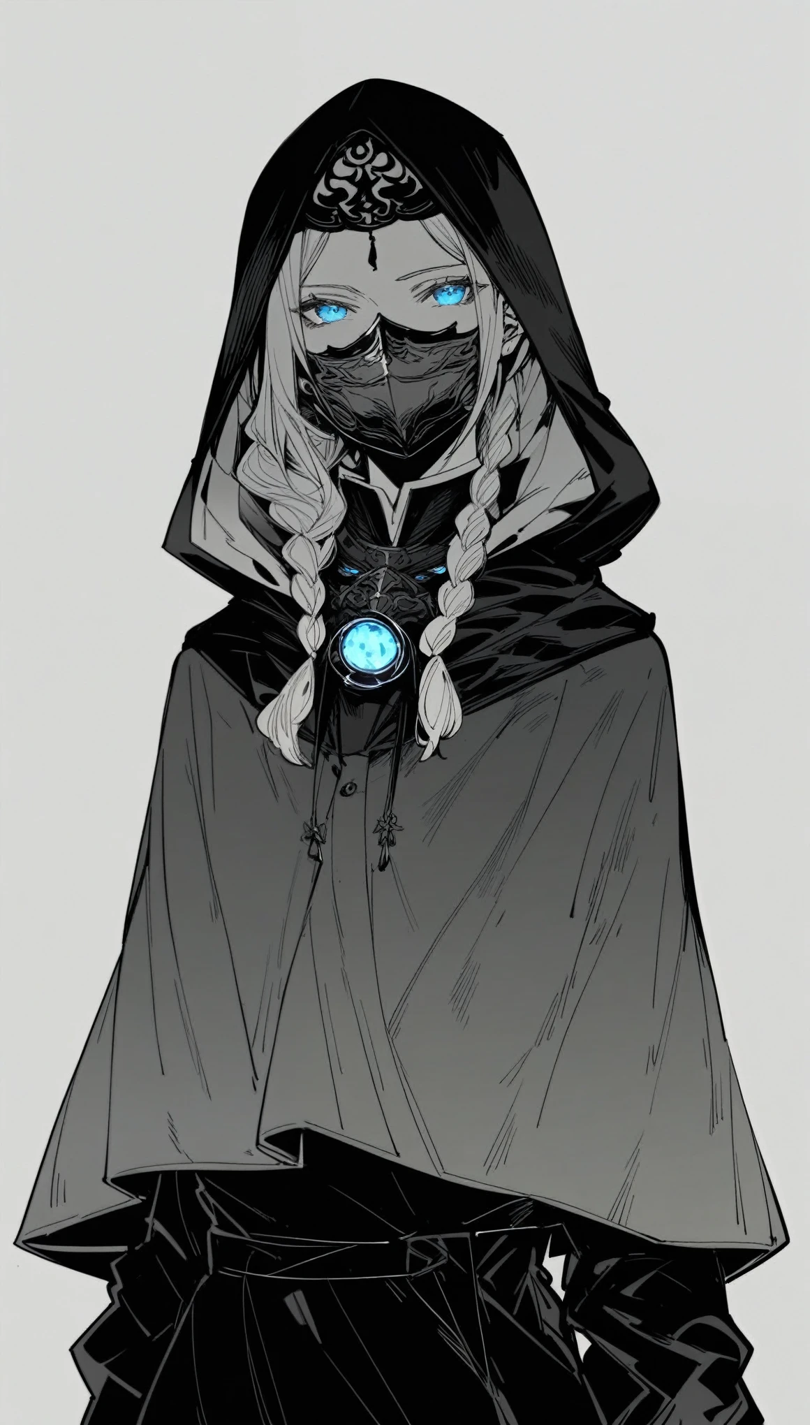 ((score_9,score_8,score_7_up,score_6_up),sinozick style,flat color, dark theme
kuchen final_fantasy final_fantasy_xiv hydaelyn venat_(ff14) absurdres highres 1girl blue_eyes capelet cowboy_shot different_shadow dual_persona expressionless from_above glowing grey_background greyscale half_up_braid hand_on_own_chest holding holding_lantern hood hood_down hooded_capelet lantern long_hair looking_at_viewer mask mask_around_neck monochrome robe shadow solo sophist's_robe_(ff14) spot_color standing unworn_mask