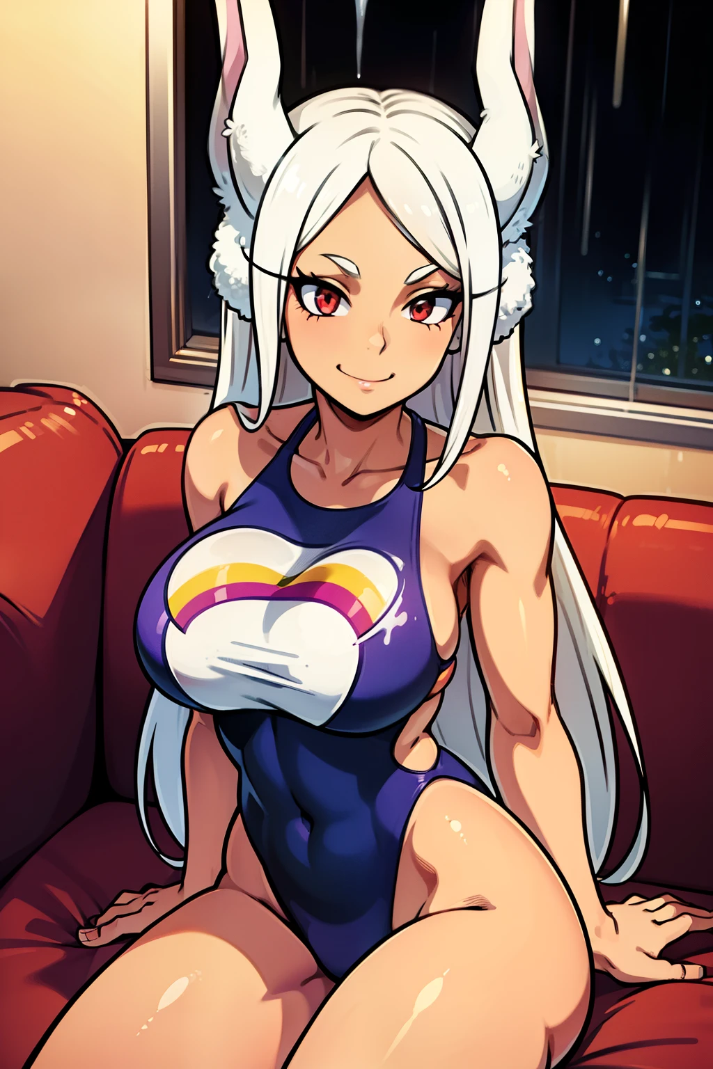 Cute girls,round red eyes, White hair、rabbit ears,sexy、smiling,Medium to long straight hairstyle、(Bigboobs,she is wearing a rainbow swimsuit,she is wearing a rainbow swimsuit,In a rental house,sitting on the couch,evening,it was raining outside,Upper body is wet.,whole body,she is wearing a rainbowswimsuit,rainbow swimsuit,sexy,huge breasts