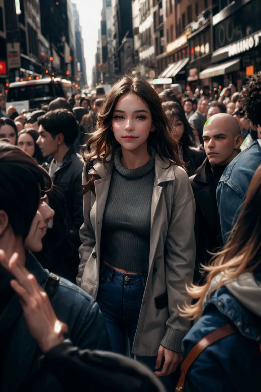 stunningly beautiful young woman,surrounded,crowd,people,chaos,surprised,backlight,contrast,New York street,fashion,jeans,jacket,sweater,High resolution, Highest quality, High detail, Ultra high definition, smile, 