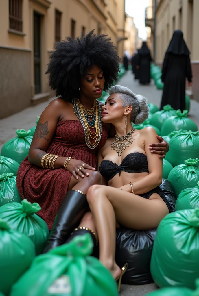 Two milf women lounging on pile of green plastic bags on a narrow street with waste on the floor, nuns in the background. The taller and dominant one: dark skinned overweight woman with black afro hair, muscular, african traditional robes and ethnic jewelry, possessive stance (arm around her partner"s shoulders, leaning on her partner and the other hand on her partner's crotch). The russian woman, femenine, very pale skin, submissive attitude, laid back, long neck, very thin, helpless and weak, Idle hands, wide open legs,.grey hair (bouffant, pouf, top bun) and oversized square sunglasses. Big lips. Black lace push up bra, silicone breast,, low rise black lace thong. Tall knee high leather boots.. Lots of thick wide studded bracelets, chain necklaces and big rings, Long earrings with chains and feathers, Chains around her narrow hips. Neck, chest, stomach, feet, hands, arms and wrists heavily tattoed. Toned abdominals, thin neck, slim legs and thin arms