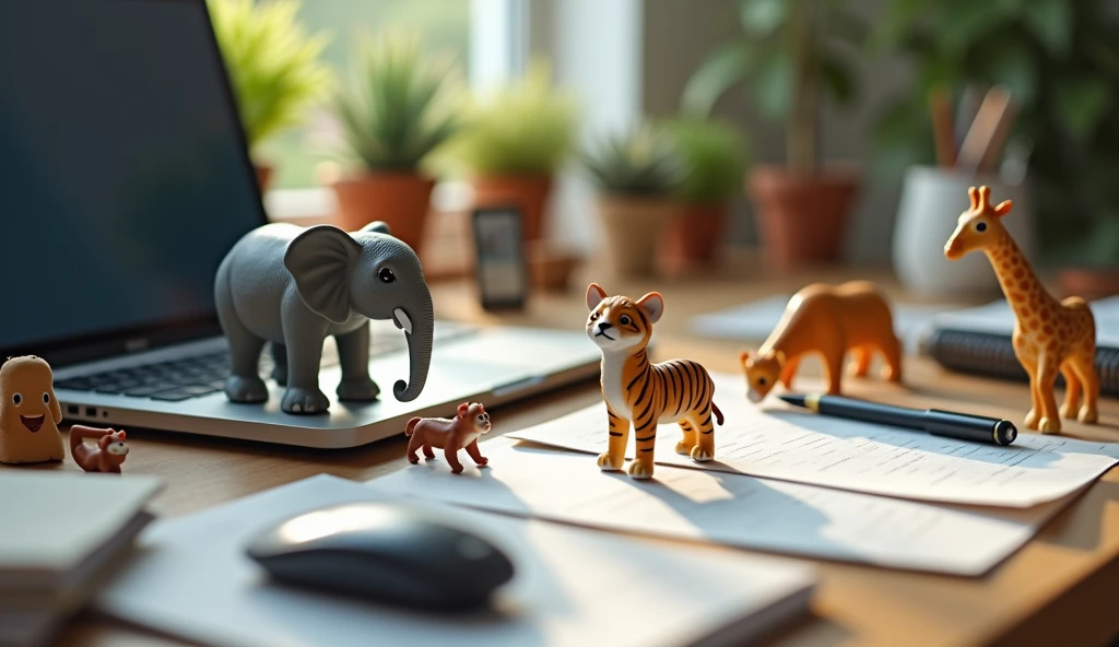 Create an image of an office desk with a realistic setup, including a laptop, mouse, smartphone, writing tools, and scattered sheets of paper. Among these everyday items, place incredibly small, lifelike animals, such as an elephant, tiger, monkey, zebra, and giraffe. The animals should look real and appear as if they are naturally interacting with the office supplies, creating a whimsical yet realistic contrast between the tiny creatures and the typical desk environment. Focus on all things in the frame.