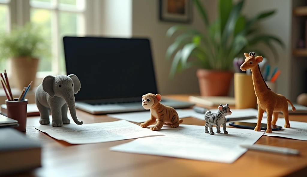 Create an image of an office desk with a realistic setup, including a laptop, mouse, smartphone, writing tools, and scattered sheets of paper. Among these everyday items, place incredibly small, lifelike animals, such as an elephant, tiger, monkey, zebra, and giraffe. The animals should look real and appear as if they are naturally interacting with the office supplies, creating a whimsical yet realistic contrast between the tiny creatures and the typical desk environment. Focus on all things in the frame.