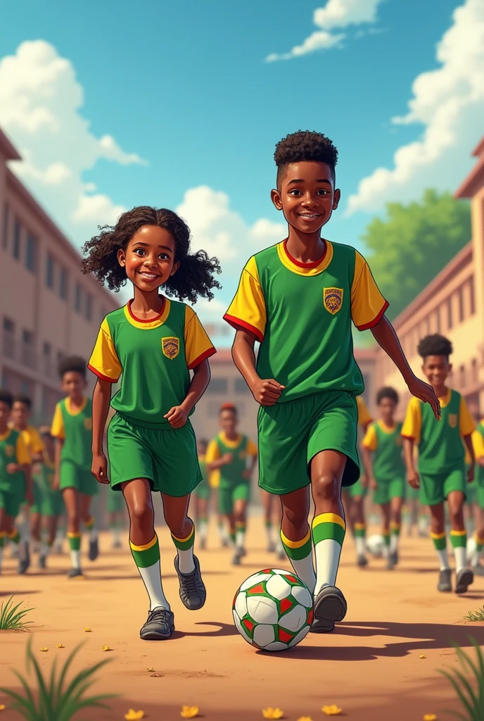 Ethiopian Students at schools wearing green, yellow and red students school uniform. They are beautiful, some students are playing football at background. They are charming. The school campus is vast.