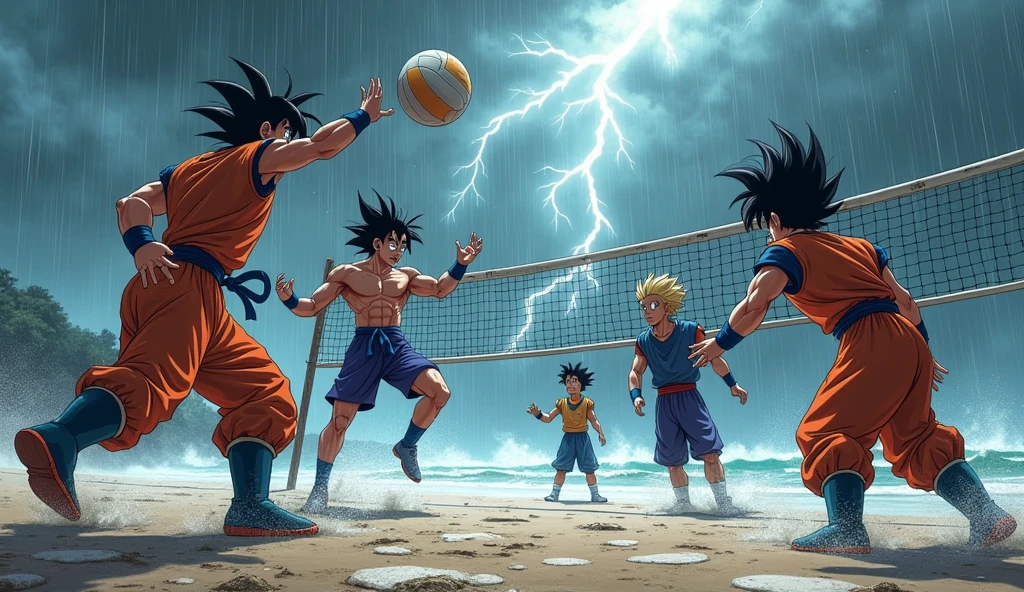 Goku vegeta gohan goten and trunks are having a volleyball game in the beach under the rain