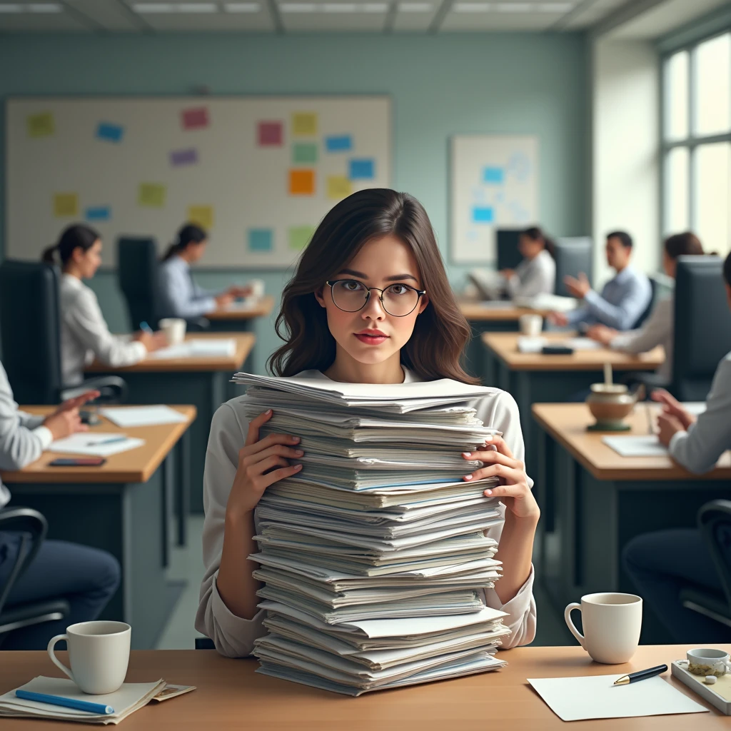 generate image women struggling in office with heavy work