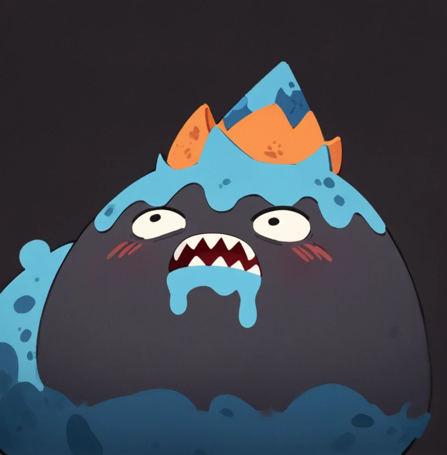 1blobs, Spiked Blobs, Black skin, Circle Eye, sharp teeth, no humans, Blue Fez Hat, Orange Bow Tie, by Guillaume Renard \(skchkko\), evil rage, claw pose, looking at viewer, digital illustration