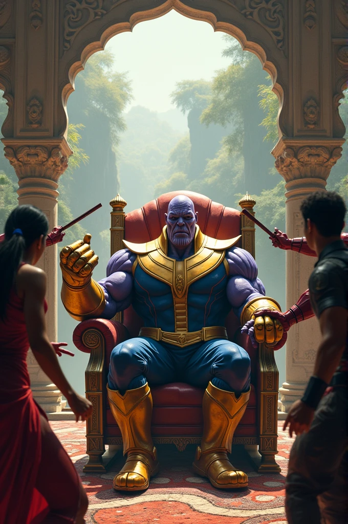 Thanos sitting in the chair and thanos hand have bamboo fighting with all avengers in India