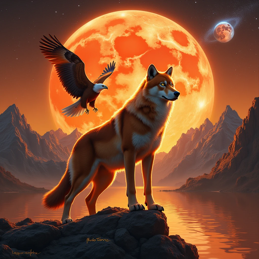 Alpha Wolf and Eagle in a Orange mountain with Venus Planet and Galaxy on its Background And Have a "PHILOTIMO" text Below the Image