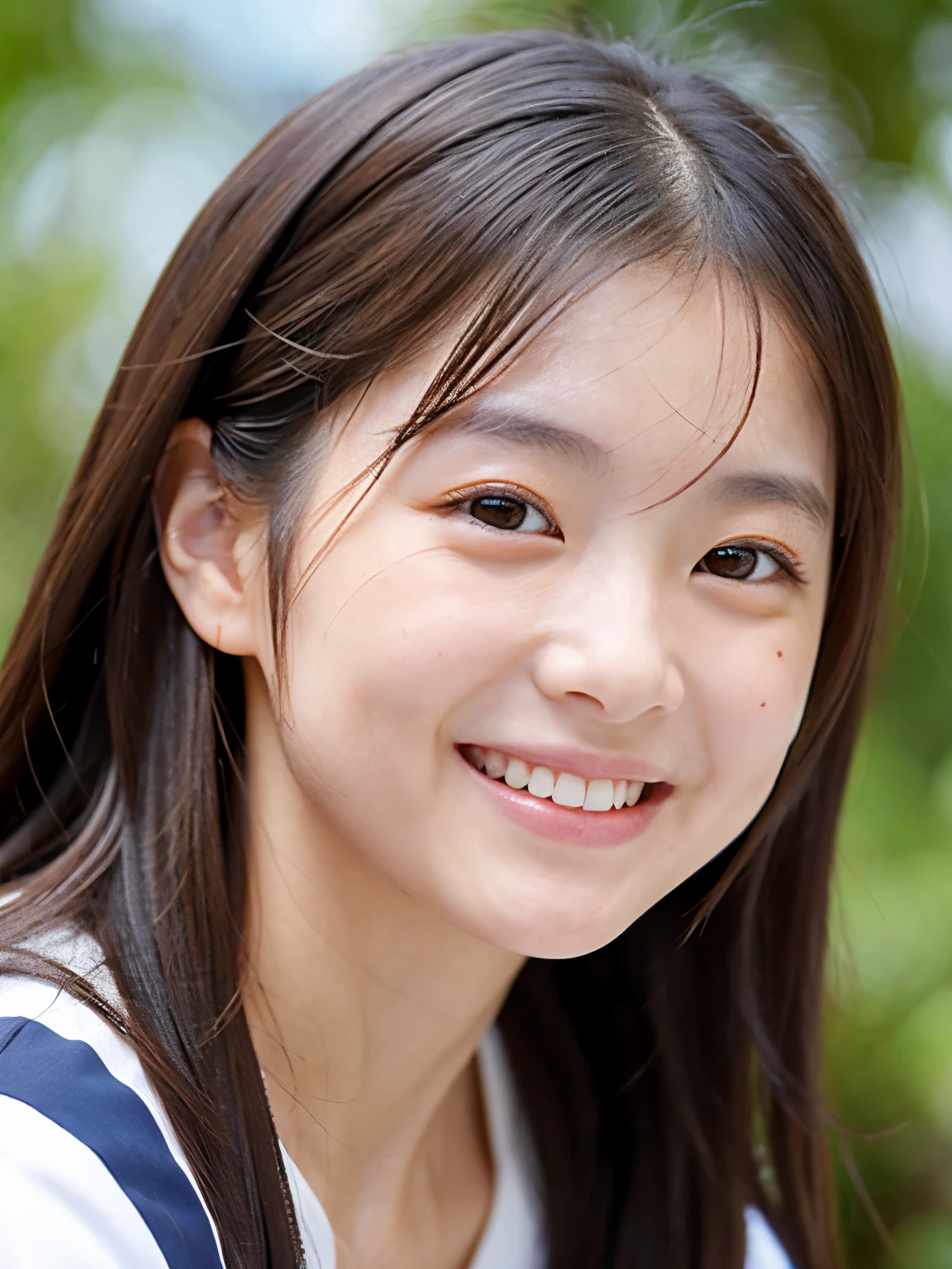 She has a small face like an idol and is very cute..、A woman with a small face who looks young 1、Smiling Kindly、She's wearing a tiger print bikini、I can see your thighs、Beautiful beach with white sand、(They are playing beach volleyball。.)、Natural light、(whole body)、Highest quality