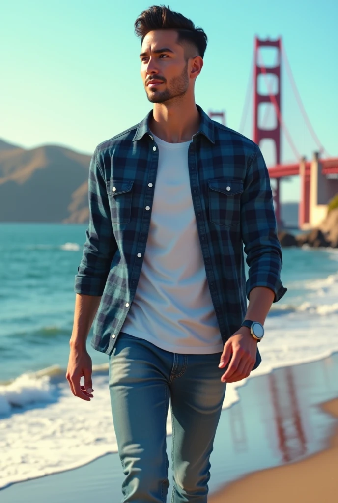 (photorealism:1.2), "A handsome young man with a sharp jawline and short black hair, neatly slicked back. He is wearing a blue flannel shirt over a white t-shirt, paired with jeans and Adidas sneakers. He is walking along the coast in San Francisco. The image should be in a retro, nostalgic style with a crisp, vibrant finish."
