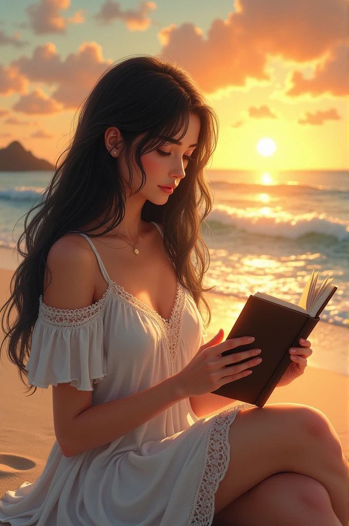 A tall, chubby, white woman with straight, black hair, honey eyes, a small mouth, wearing a white lace dress, sitting on the beach at sunset, reading the Bible.