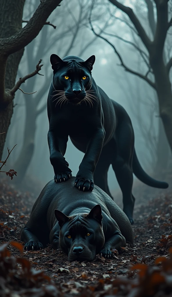 Black Panther standing on a dead pitbull that it fought in a dark forest