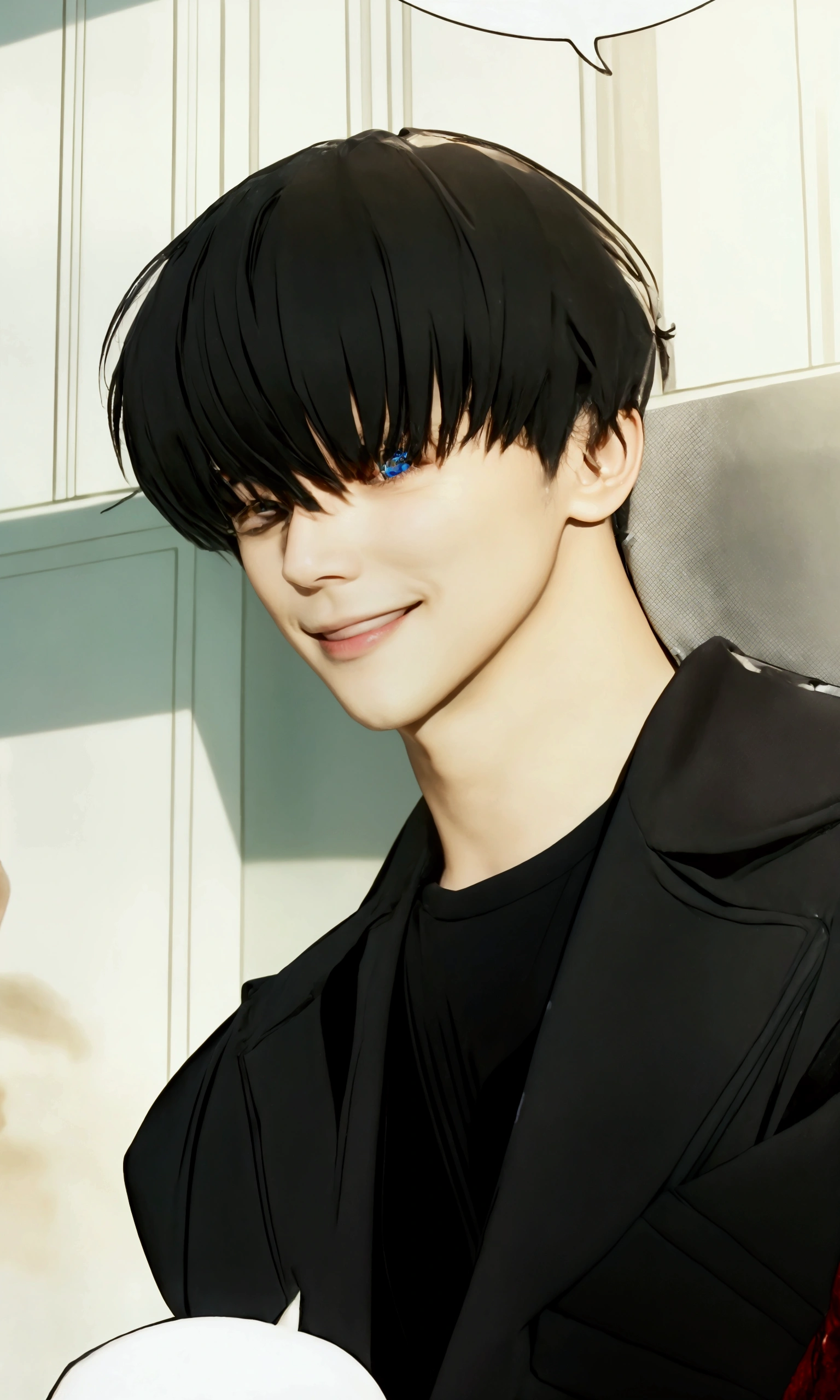 A smiling man, he handsome, eye color true sapphire