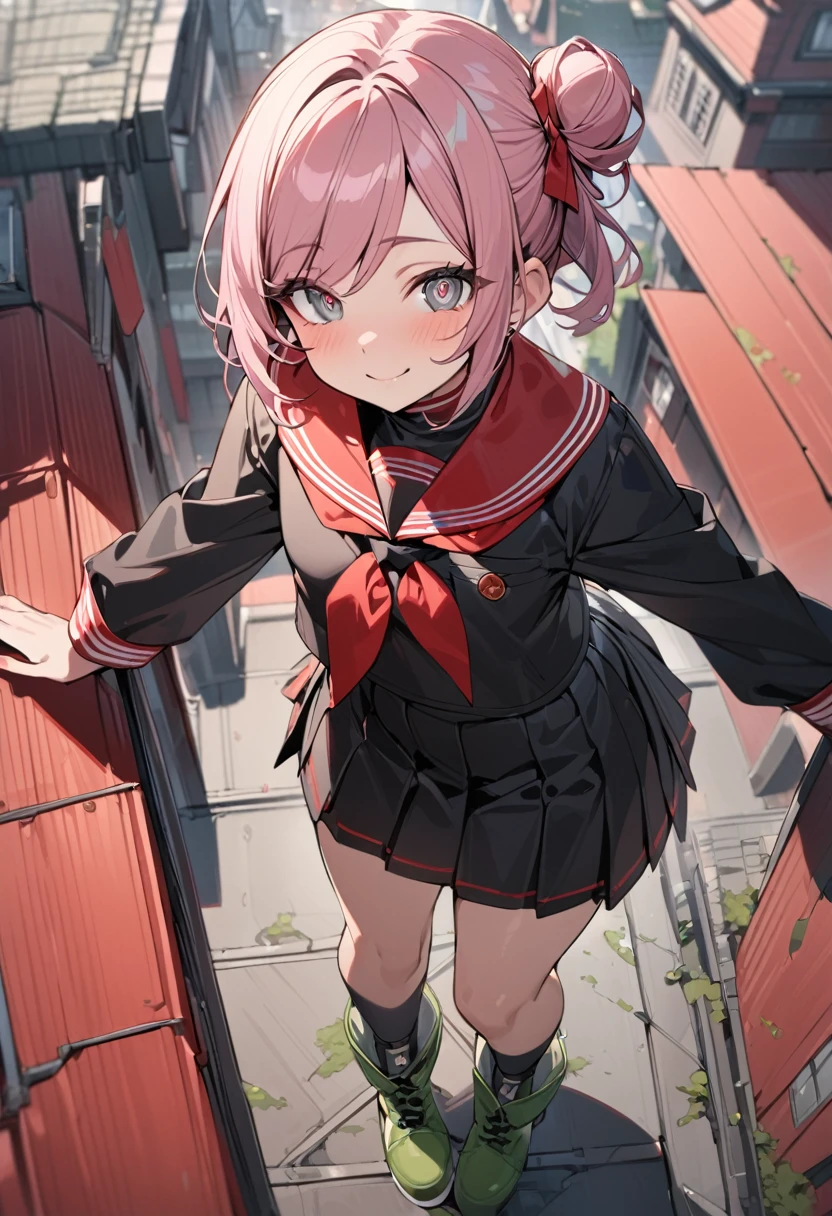 masterpiece, (best quality), (1 little girl), solo, highly detailed, friendly, dynamic, smile, (swept bangs), pink hair, hair in one bun, gray eyes, ((detailed eyes)), seifuku with the leading colors of black and red, black short-sleeved blouse with a red sailor collar, black knee-length pleated skirt, light blue tights, moss green ankle boots, rooftop background, full body