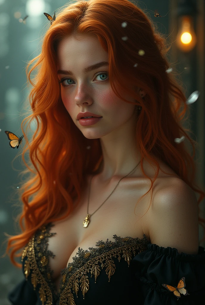 (solo, full body photo:1.3), (action packed:1.3), (haze, fog, mist:1.3), chiaroscuro, best quality, photorealistic, 1woman, (cute), (24yo:1.2), redhead, long ginger hair highly detailed, 1700'S, digital photography, art by artgerm and ruan jia and greg rutkowski surreal painting gold butterfly filigree, broken glass, (masterpiece, sidelighting, finely detailed Fashionable eyes: 1.2) (perfect oval large eyes that gazes at the viewer), beautiful detailed face, blue gorgeous perfect eyes, (blonde hair ponytail), (attractive young woman:1.3), (thick amazing hair), (seductive:1.1), (blushing:1.1)