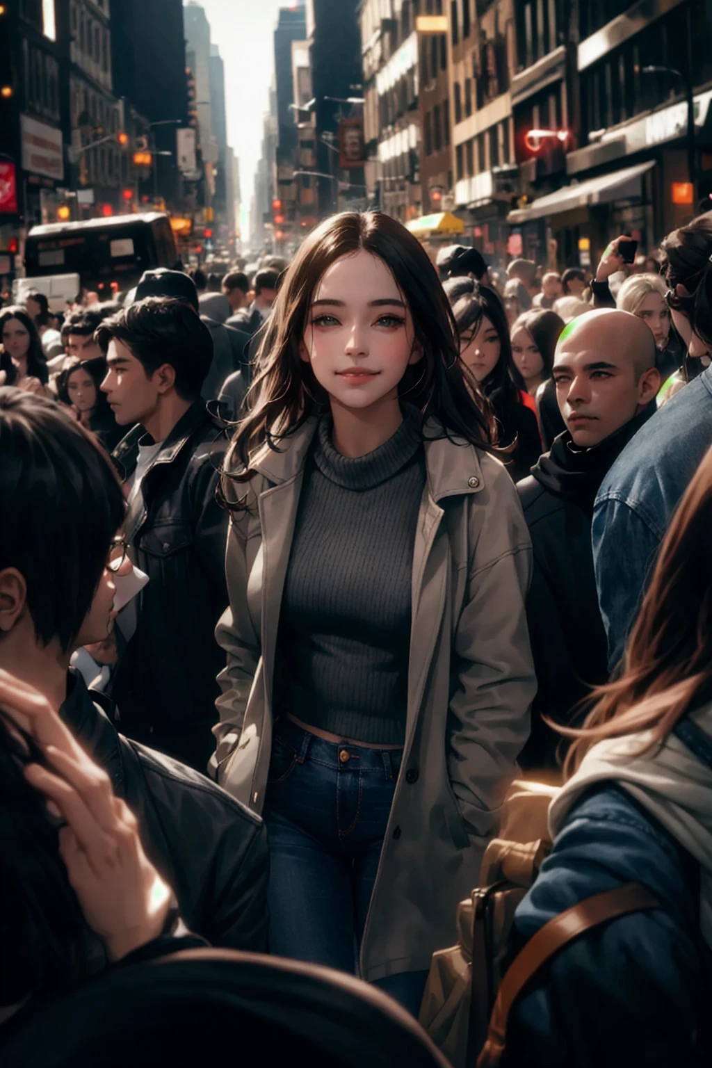 stunningly beautiful young woman,surrounded,crowd,people,chaos,surprised,backlight,contrast,New York street,fashion,jeans,jacket,sweater,High resolution, Highest quality, High detail, Ultra high definition, smile,