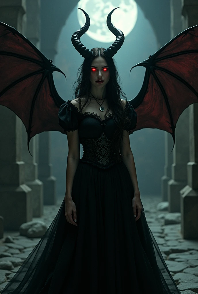 Young lively teen girl undergoing a transformation into an evil demonic Vampire, female, long dark hair, pasty pale ghastly skin, red eyes, vampire fans, very long canine teeth becoming fangs, elegant flowing renaissance era black dress, Romanian, dark castle, nighttime, moonlight, dimly lit, horror, threatening to bite you, bearing her fangs, huge leathery bat wings, close, very close, Vampire bite scene, long black obsidian horns, red-tinged skin