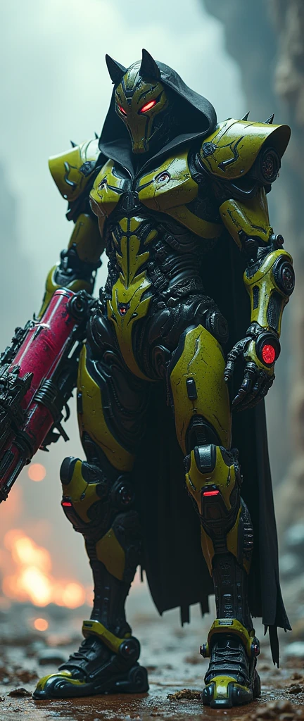 a sinister and dark, imposing figure clad in translucent latex hoodie, highly in detail of a Wolves head in a Warframe mecha heavy armor, cybernetic design elements on it, in the style of Gundam + Transformers, black and lime green plating. wielding an enormous, highly detailed mechanical weapon. The weapon is a massive and gigantic red excavation saw-like heavy charge cannon with purple accents, covered in intricate mechanical parts, translucent tube with pink liquid, gears, and spikes, giving it a menacing appearance. backdrop of white smoke with dramatic fire sparks in an abandoned underground alien laboratory. lower angle,half side view