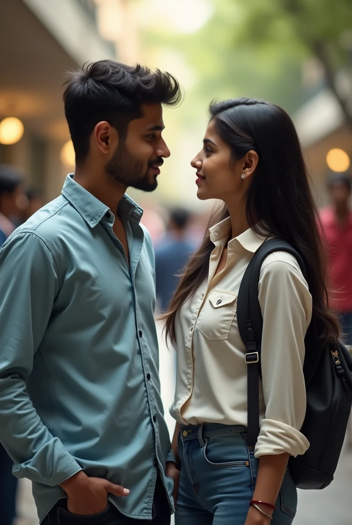 A indian college girl looking at indian college boy both 2, in college looking at each other. They are wearing formal shirt and jeans, holding books and laptop.