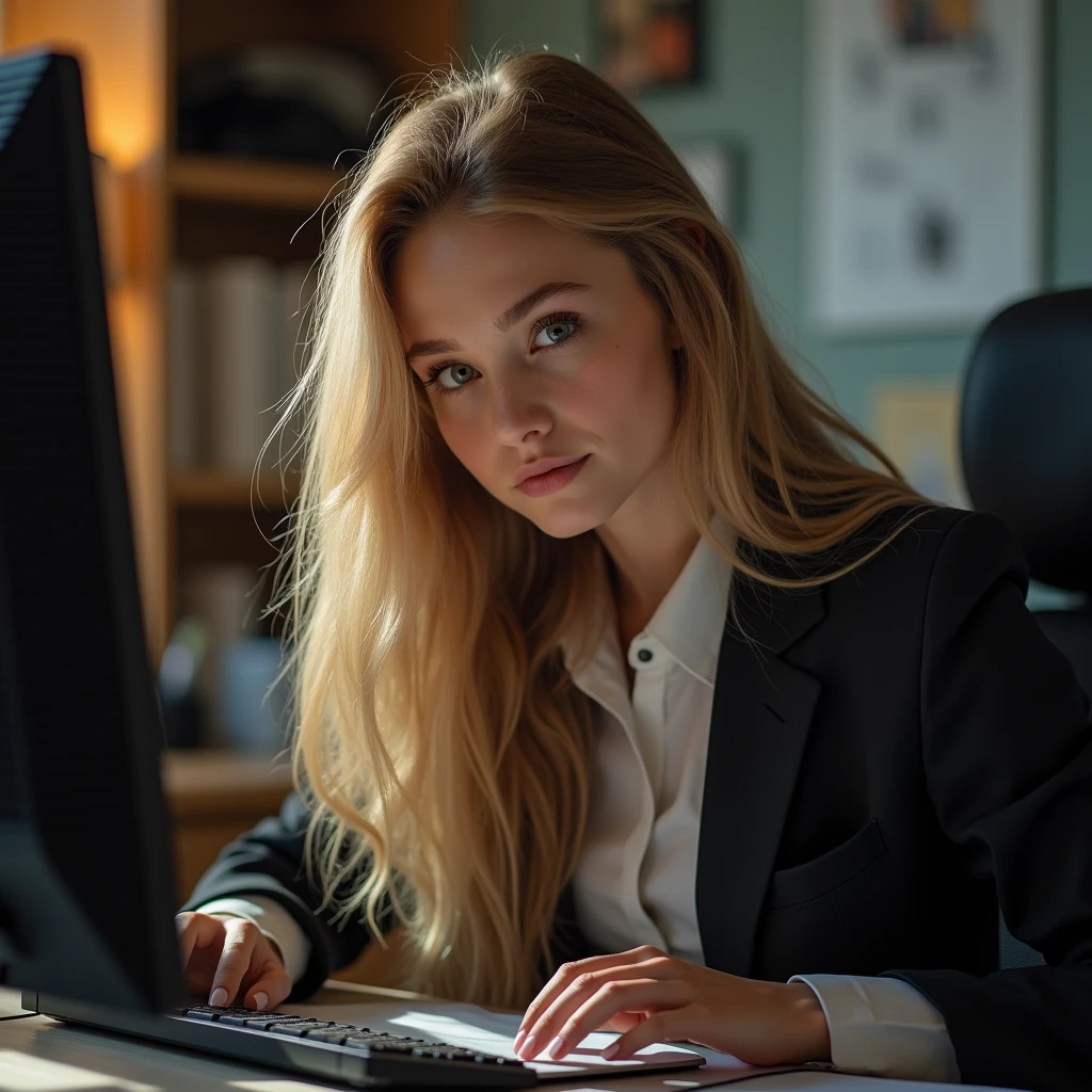 A beautiful girl with long golden hair, Delicate eyes, nose, and lips, Wearing professional attire, Sitting in her office, Using her computer, pk (best quality,4K,8K,high resolution,masterpiece:1.2),Extremely detailed,(Practical,photoPractical,photo-Practical:1.37),HDR,Studio Lighting,Extremely detailed face and body, portrait,Movie Lighting,Dramatic Lighting,Warm colors,Dramatic Colors