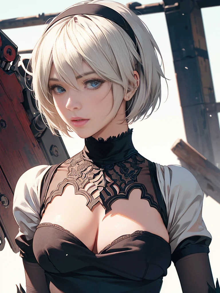 {(masterpiece,best quality, 16K portrait, UHD, extremely detailed the work, detailed beautiful face and eyes and skin and hair)} 
BREAK {(ultra realistic photo graphic style)} 
BREAK {solo,(2B of Nier-Automa:1.4), (lightbrown-lightwhite colored hair:1.4, short cut hair), (medium mouth),(narrow and sharp eyes),(attractive blue-glay eyes:1.4),(left-eye hidden by bangs:1.2),(slender body,small breasts):1.4,captivating lips} 
BREAK {(Nier-Automata-2B costume:1.2),(cleavage between breasts:1.2),(hairband:1)} 