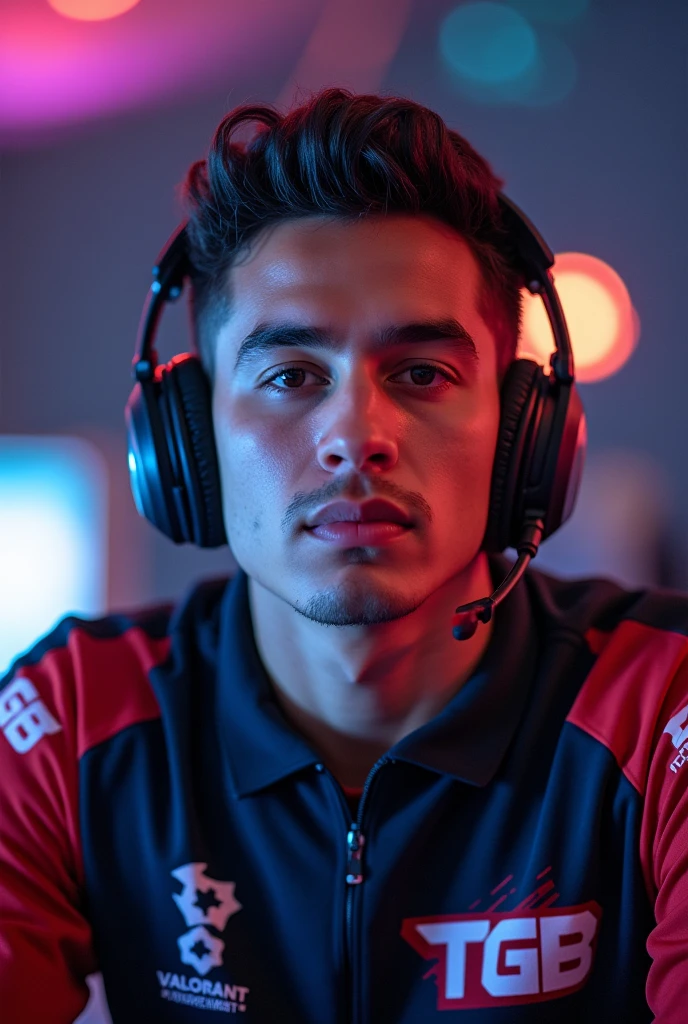 a pro player facing front  for the background of a Goodbye with text valorant themed, closeup, team merch with the logo TGB