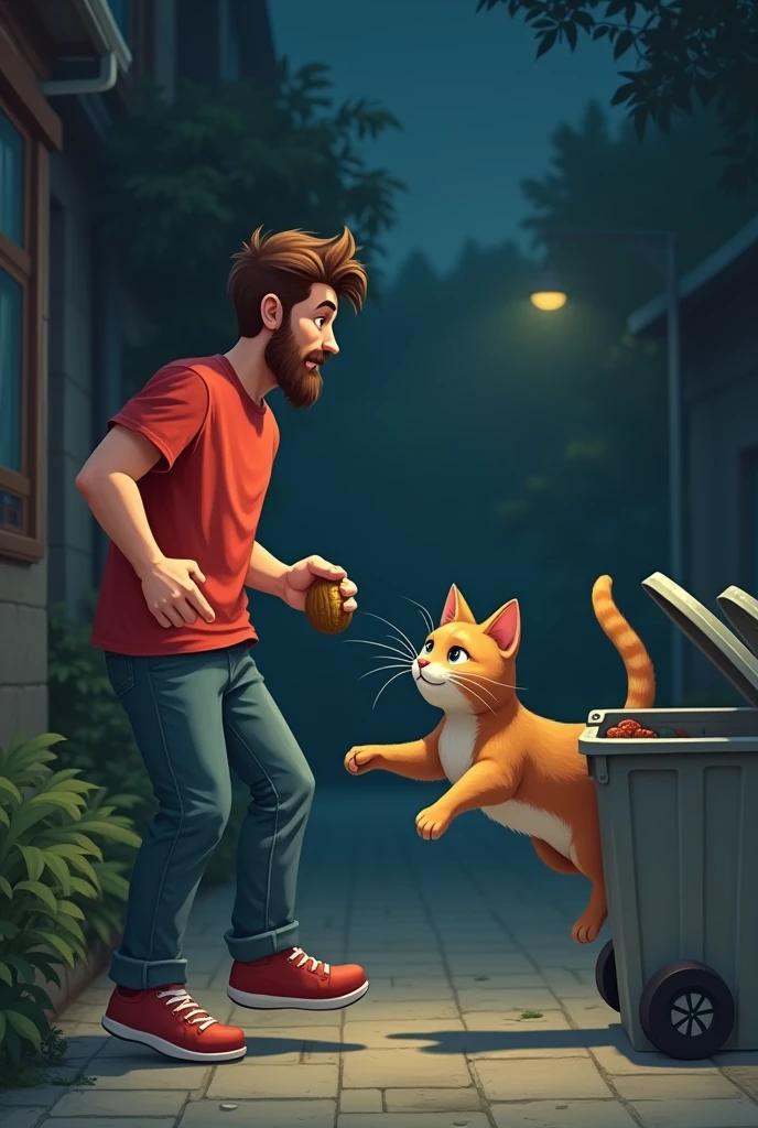 The little brown cat returns it to the young man with beard in red tshirt and throws the young man the grey Dustbin in the night