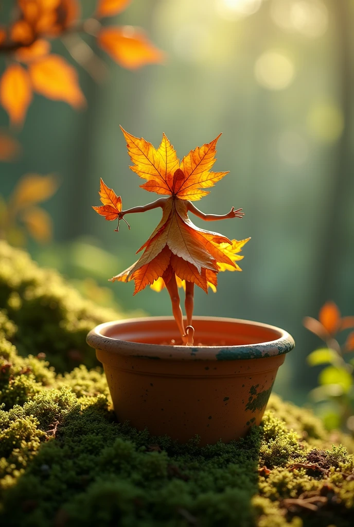 A whimsical miniature figure composed of delicately arranged autumn leaves, poised in a carefree dance on the rim of a weathered, moss-covered terracotta pot, set against a lush, vibrant forest backdrop, where dappled sunlight filters through the canopy above, casting intricate shadows. The overall aesthetic is ethereal, with warm, earthy tones of sienna, umber, and olive green, infused with hints of emerald and golden light, evoking a sense of wonder and enchantment, as if plucked from a fantastical realm.