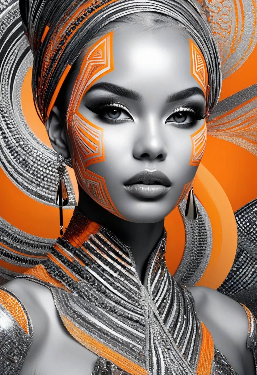 (best quality), (UHQ, high resolution), Create abstract images, Orange and silver colors dominate., Beautiful woman standing in a world of geometric figures. Her dress was made in the cubist style.., elaborate makeup, Use cubist style, Optical Art. Drawn with ink,Cubism art work