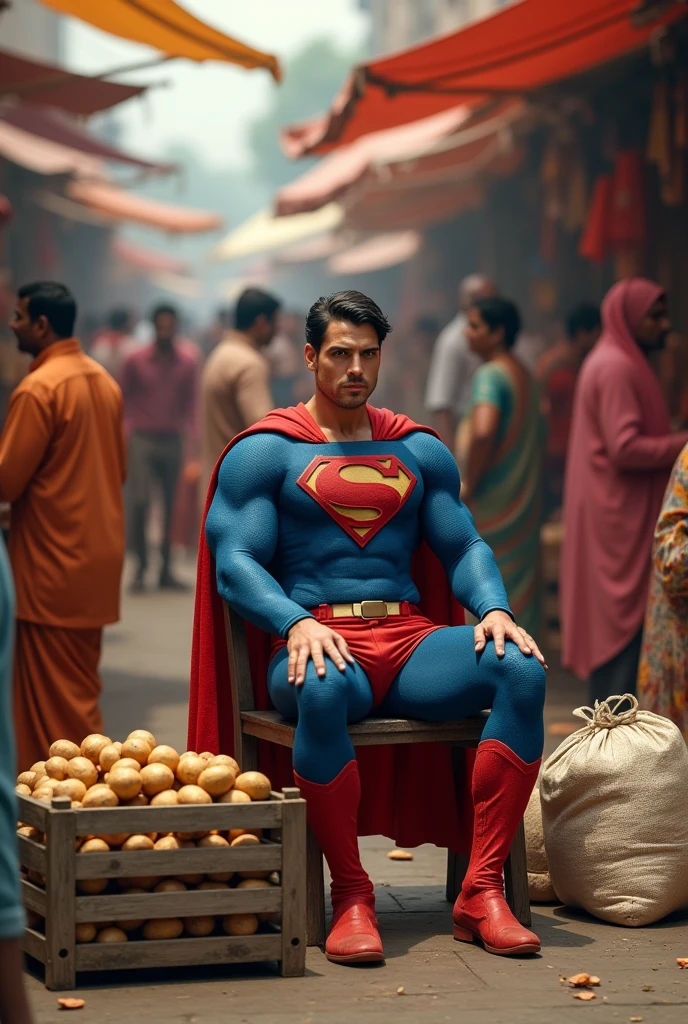 Superman sitting in the chair and selling potatoes in India and people lugging on him